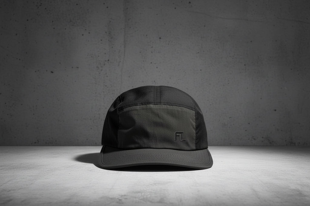 Black cap with a logo on a white background