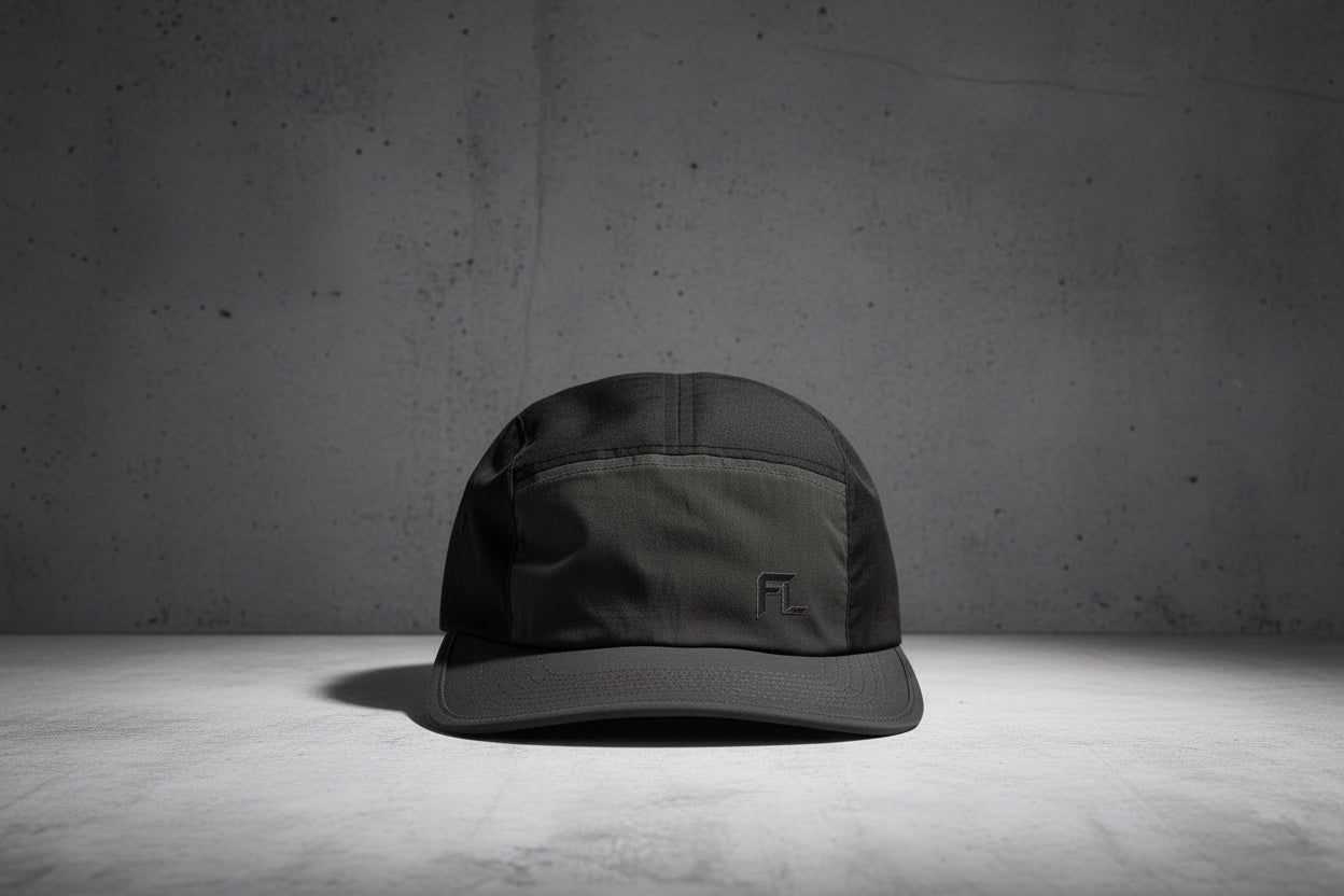 Black cap with a logo on a white background