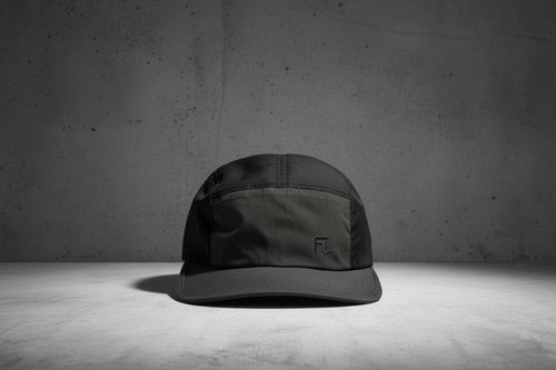 Black cap with a logo on a white background